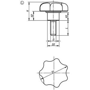 STERNGRIFF D1=40 M8X40 EDELSTAHL FORM L, MIT VORSTEHENDER STAHLBUCHSE