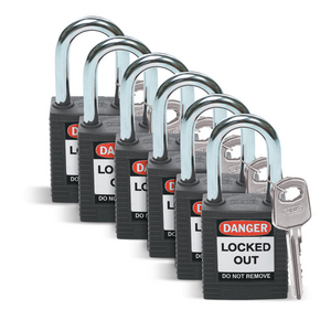 BOX 6 38 MM SAFETY PADLOCK BLACK KEYED DIFFERENT 6 PK 051353-SFTY PADLOCK STEEL 38MM SHA BLACK 6/PAC