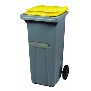 CONTENEUR 2 ROUES KOROK-120L AVEC BARRE VENTRALE-GRIS/JAUNE