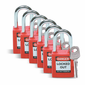 BOX 6 38 MM SAFETY PADLOCK RED KEYED DIFFERENT 6 PK 051339-SFTY PADLOCK STEEL 38MM SHA RED 6/PAC