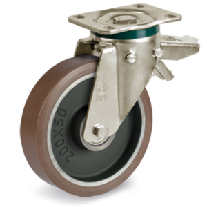 RUOTA 58GH 125X50 POLIURETANO TR-POWERHIGH NUCLEO GHISA SUPP. ROT. PIASTRA PT CON FRENO REGIST. 589903