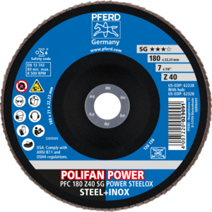 PFERD POLIFAN® flap disc PFC 180 Z 40 SG POWER/22,23
