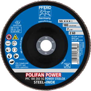 PFERD POLIFAN® flap disc PFC 180 Z 60 SG POWER/22,23