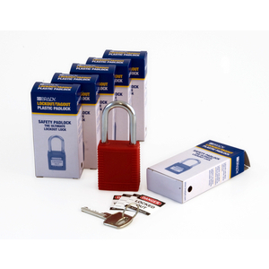 BOX 6 38 MM SAFETY PADLOCK RED KEYED DIFFERENT 6 PK 051339-SFTY PADLOCK STEEL 38MM SHA RED 6/PAC