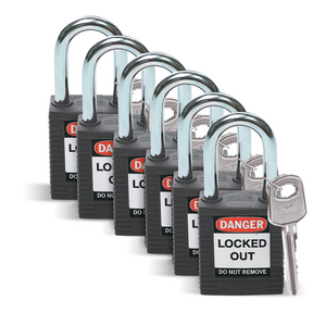 BOX 6 38 MM SAFETY PADLOCK BLACK KEYED DIFFERENT 6 PK 051353-SFTY PADLOCK STEEL 38MM SHA BLACK 6/PAC