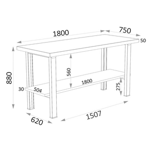 ETABLI METAL PLAN TRAV EN TOLE 1TABINF.2 J PIEDS 1800X750X880