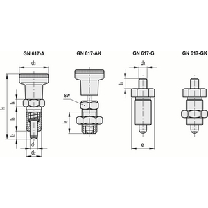 GN.35133-PISTONCINO DI POSIZ. A MOLLA ACCIAIO INOX CON MANOPOLA IN TECNOPOLIMERO SENZA CONTRODADO GN 617-10-A-NI
