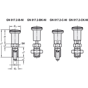 GN.34639-PISTONCINO DI POSIZIONAMENTO A MOLLA ACCIAIO INOX CON POSIZIONE DI ARRESTO CON CONTRODADO GN 817.2-12-15-CK-NI