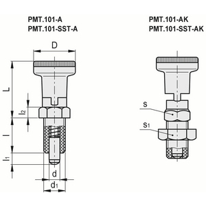 51632-PISTONCINO DI POS. A MOLLA ARRESTO CORPO IN SUPER-TECNOP. PUNTALE ACC. BRUNITO CON CONTRODADO PMT.101-10-M20X1,5-AK