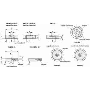 501303 - MAGNETE PIATTO FORO PASSANTE VITE TESTA SVAS. CORPO IN ACCIAIO ZINCATO MAGNETE IN FERRITE RMD-HF-20