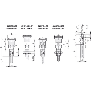 GN.36341-PISTONCINO DI POSIZIONAMENTO A MOLLA AZIONAMENTO A MANOPOLA CORPO IN ACCIAIO INOX GN 817.8-7-6-B-NI