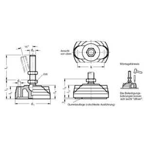 GN345.5-100-M16-58-AG Gelenkfuss ohne Mutter mit Gummiauflage Edelstahl