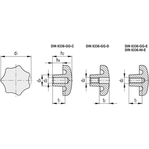 GN.10831-VOLANTINO DI SERRAGGIO A LOBI GHISA O ACCIAIO INOX GHISA FORO PASSANTE FILETTATO DIN 6336-GG-63-M12-D
