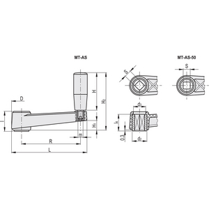 44411 - MANOVELLA TECNOPOLIMERO IMPUGNATURA GIREVOLE BOCCOLA CON FORO QUADRO MT.130 AS-14X14