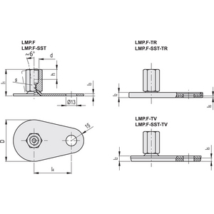 404946-PIEDINO DI LIV. PER FISSAGGIO A TERRA BASE E STELO IN ACCIAIO STELO FIL. NO ANTISCIVOLO LMP.F-50-M8X40