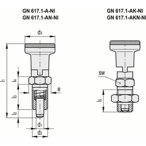GN.35523-PISTONCINO DI POSIZ. A MOLLA ARRESTO POS RETRATTA INOX CON MANOP. IN TECNOP NO CONTRODADO GN 617.1-8-A-NI