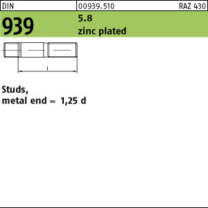 DIN939 M10X40 5.8 ZN Stiftschraube, Einschraubende=1,25 d