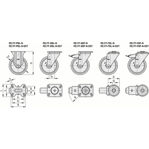 451106 - RUOTA CON SUPPORTO ACC. RIVESTIMENTO MOZZO FORO PASS. SUPPORTO A PIASTRA GIREVOLE CON FRENO RE.FF-100-SBF-N