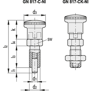 GN.41142-PISTONCINO DI POSIZ. A MOLLA ACC. INOX POSIZ. ARRESTO MANOP. IN TECNOPOLIMERO E CONTRODADO GN 817-4-6-CK-NI