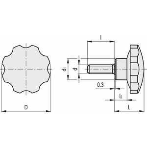 73161 - VOLANTINO DI SERRAGGIO A LOBI DUROPLASTO PRIGIONIERO FILETTATO IN ACCIAIO ZINCATO VH.153/35 P-M8X16