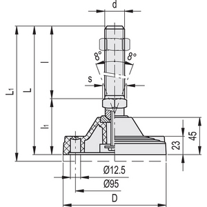 313921-PIEDINO DI LIV. PER FISSAGGIO A TERRA BASE IN TECNOP. STELO IN ACCIAIO SENZA DISCO ANTISC. LV.F-125-ACV-M20X136