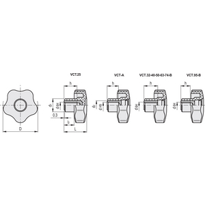 69954-C9 - VOLANTINO DI SERRAGGIO A LOBI TECNOPOLIMERO BOCCOLA IN OTTONE FORO FIL. CON CALOTTINA VCT.50 B-M10-C9