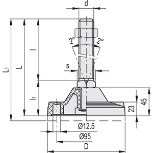 313965-PIEDINO DI LIV. PER FISSAGGIO A TERRA BASE IN TECNOP. STELO IN ACCIAIO SENZA DISCO ANTISC. LV.F-125-APS-M20X155