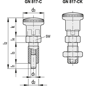 GN.41120-PISTONCINO DI POSIZ. A MOLLA ACCIAIO CON MANOPOLA E POSIZ. DI ARRESTO CON CONTRODADO GN 817-12-15-CK