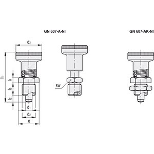 GN.35050-PISTONCINO DI POSIZIONAMENTO A MOLLA ACCIAIO INOX CON MANOPOLA SENZA CONTRODADO GN 607-8-A-NI