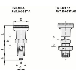 51521-PISTONCINO DI POSIZION. A MOLLA CORPO IN SUPER-TECNOPOL. PUNTALE ACCIAIO BRUNITO CONTRODADO PMT.100-5-M10X1-AK