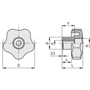 69848 - VOLANTINO DI SERRAGGIO A LOBI TECNOPOLIMERO BOCCOLA IN OTTONE FORO FIL. NO CALOTTINA VCT.32 FP-M6
