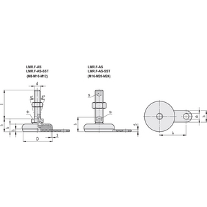 407034-PIEDINO DI LIV. PER FISSAGGIO A TERRA BASE E STELO IN ACCIAIO O ACCIAIO INOX STELO FIL. LMR.F-100-AS-M16X100