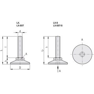 431042-S-PIEDINO DI LIV. BASE IN TECNOP. STELO SENZA SNODO ACC. ZINC. BASE CON IMPRONTA A CROCE LX.40-SW17-M10X32-S