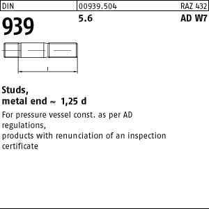 DIN939 M16X40 5.6 AD W7 Stiftschraube, Einschraubende=1,25 d