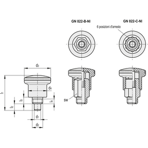 GN.36413-MINI PISTONCINO DI POSIZ. A MOLLA CORPO IN ACCIAIO INOX AISI 303 SENZA POSIZ. DI ARRESTO GN 822-6-B-NI