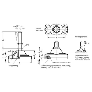 GN247-125-M20-95-BG Stellfuss mit Mutter mit Gummiauflage Elesa