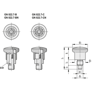 GN.36501-MINI PISTONCINO DI POSIZ. A MOLLA ACCIAIO INOX SENZA POSIZ. DI ARRESTO MANOPOLA IN TECNOP. GN 822.7-4-M8X1-B