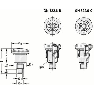 GN.36451-MINI PISTONCINO DI POSIZIONAMENTO A MOLLA ACCIAIO SENZA POSIZIONE DI ARRESTO GN 822.6-4-M8X1-B