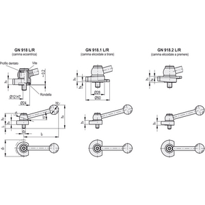 GN.31821-LEVA DI BLOCCAGGIO A CAMMA BLOCCAGGIO VERSO IL BASSO ACCIAIO LEVA INCLINATA PERNO FILETTATO GN 918.2-50-KV-R