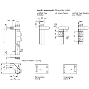 GN332-200-EL-T1-2-R Rohrgriff schräg eloxiert 1 Taster + NOT-AUS