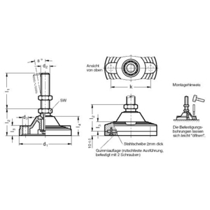 GN245-125-M20-186-BG Stellfuss mit Mutter mit Gummiauflage Elesa