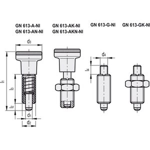 GN.34524-PISTONCINO DI POSIZ. A MOLLA ACCIAIO INOX CON MANOPOLA IN TECNOPOLIMERO CON CONTRODADO GN 613-8-AK-NI