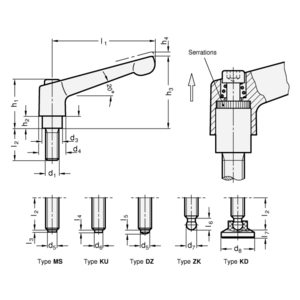 GN306-63-M10-25-DZ-RS Verstellbarer Klemmhebel, Zapfen Mit Linsenkuppe